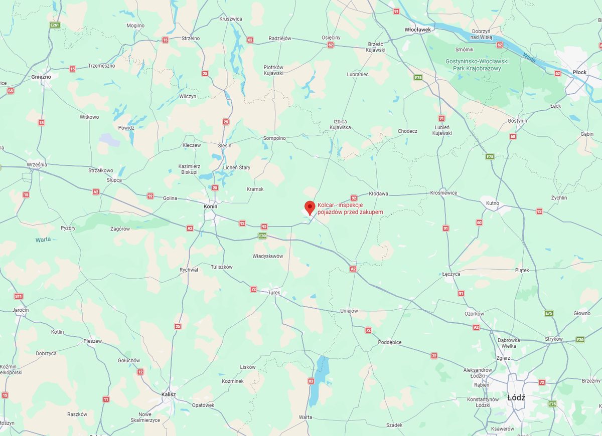 Mapa: siedziba Kolcar w Kole oraz okoliczne miejscowości, m.in. Konin, Kłodawa, Turek, Uniejów, Łęczyca, Kutno, Włocławek i Kalisz